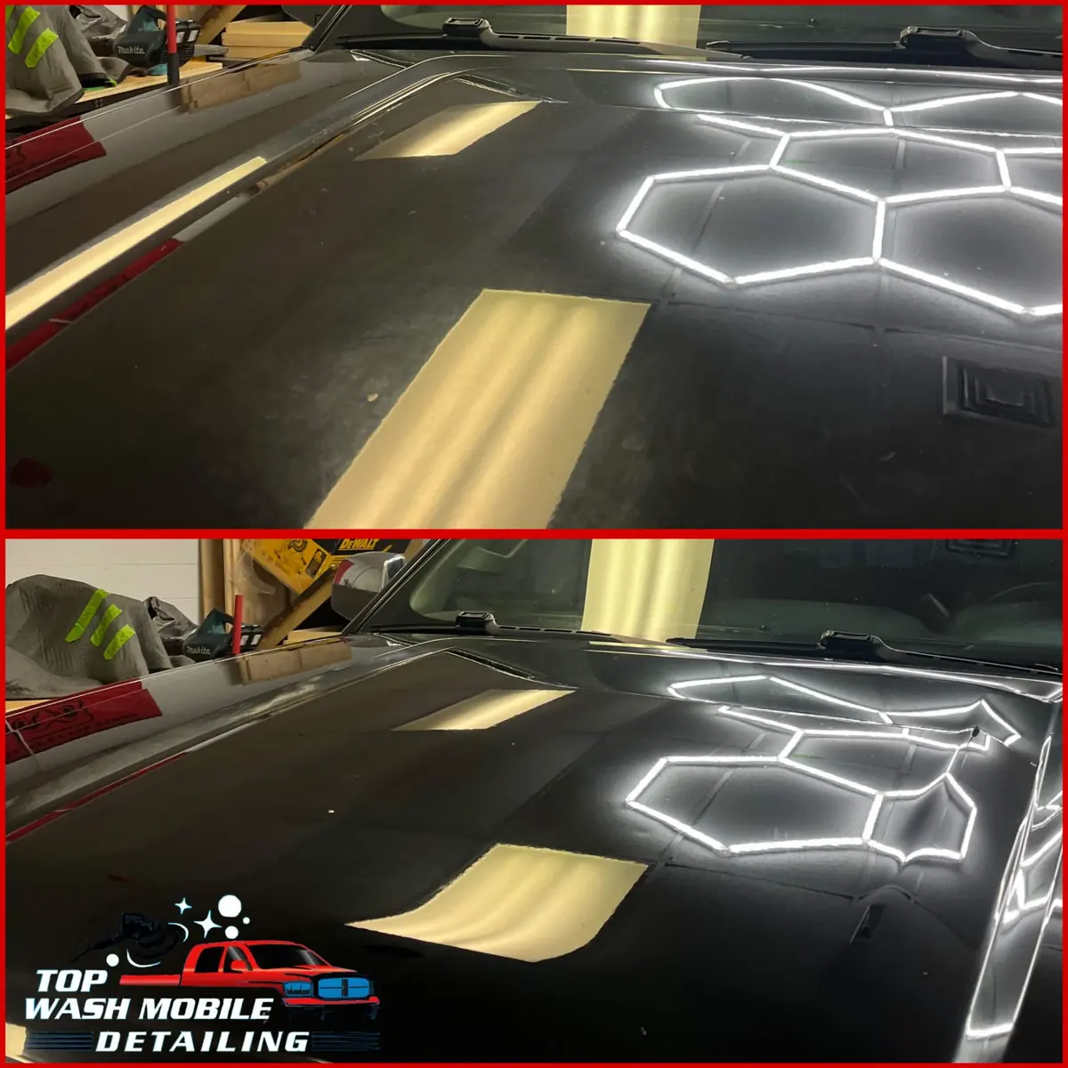 Before and after: paint correction on a black hood
