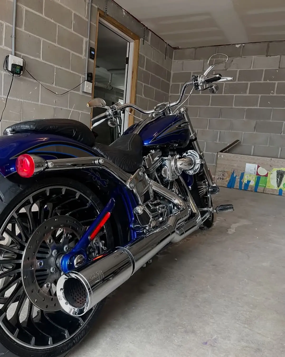 Blue and chrome Harley-Davidson Breakout CVO
