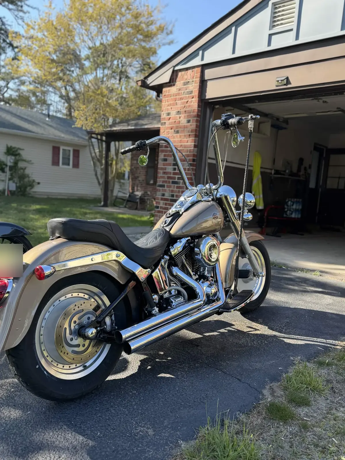 Champagne Harley-Davidson Fat Boy with ape-hanger bars